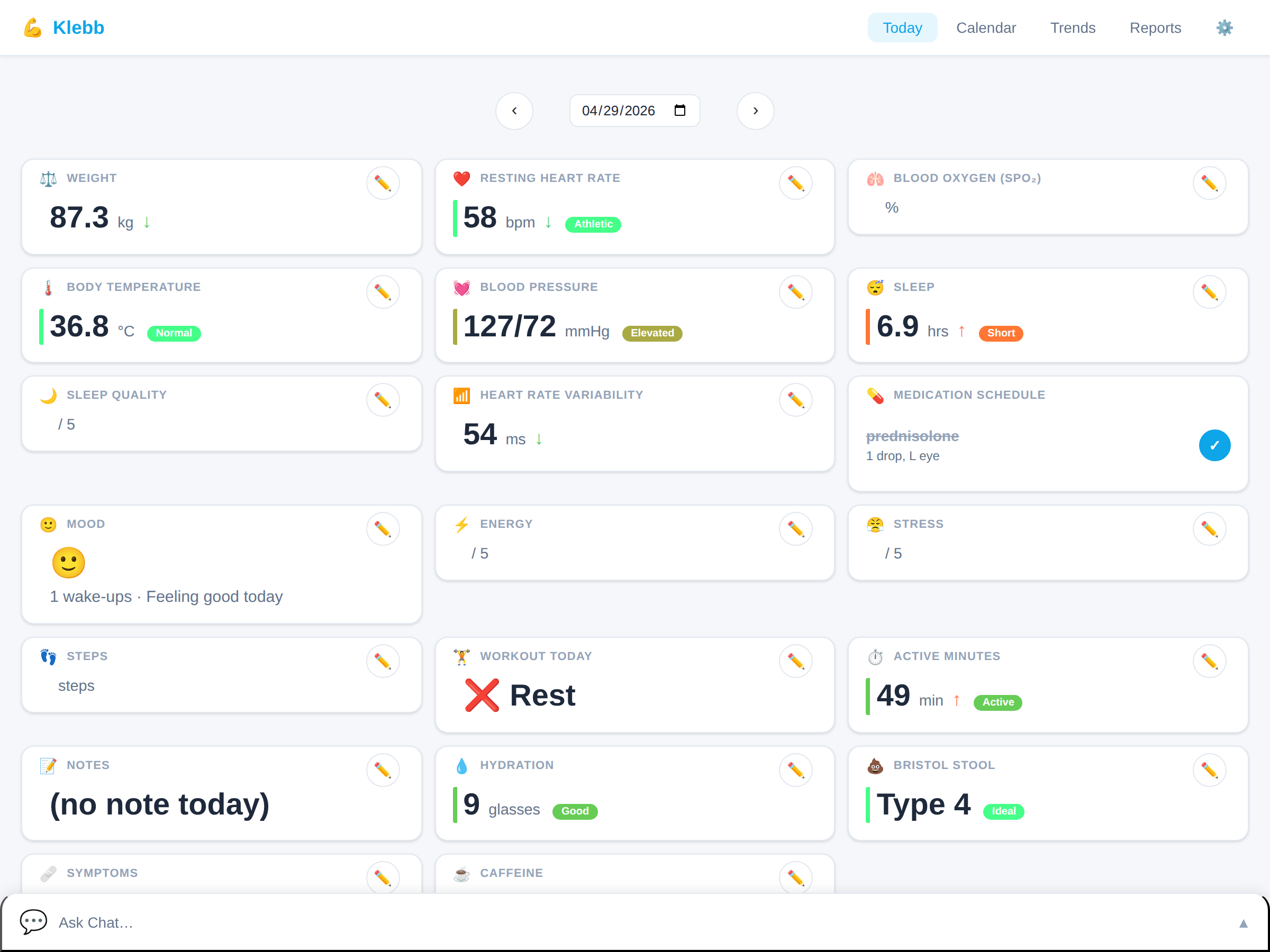 Klebb desktop dashboard showing health cards in a responsive grid layout